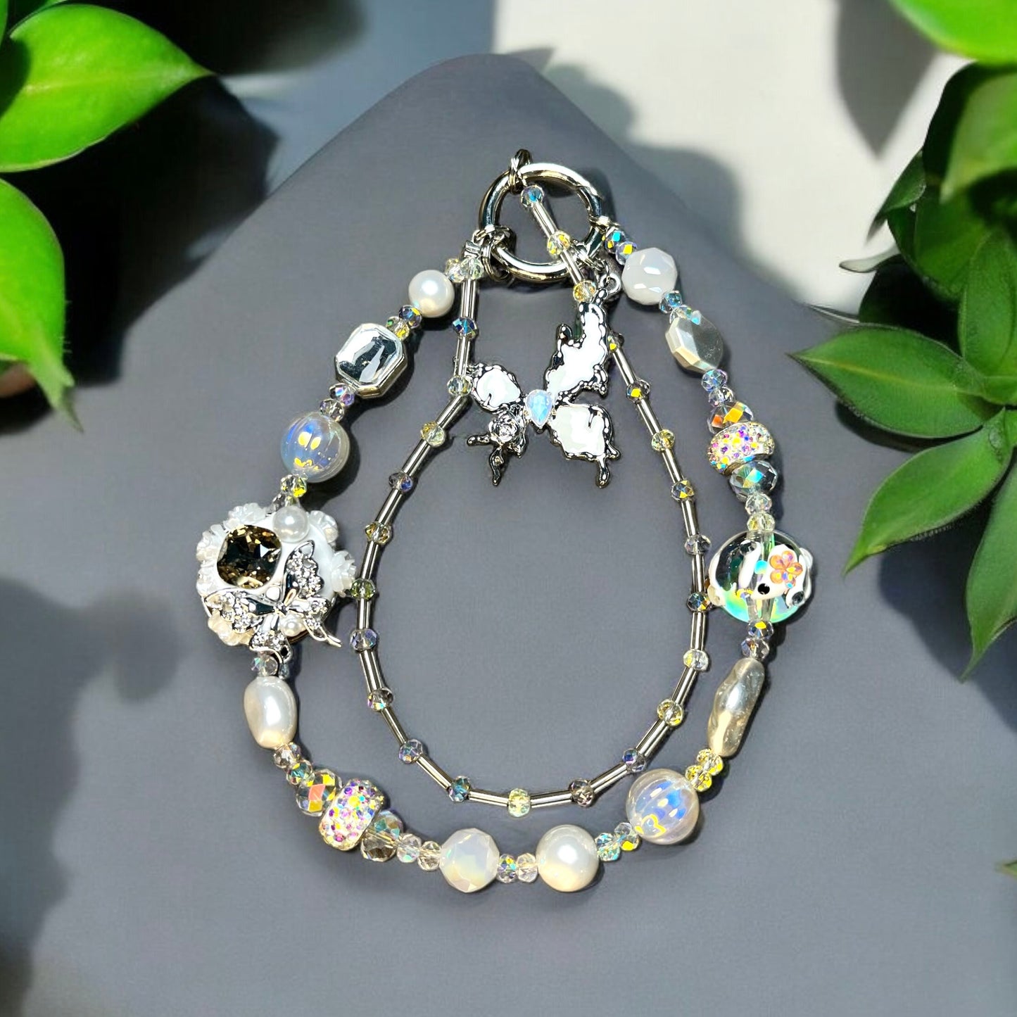 Shiny White Dainty Phone Charm with Silver Butterfly Accents P110