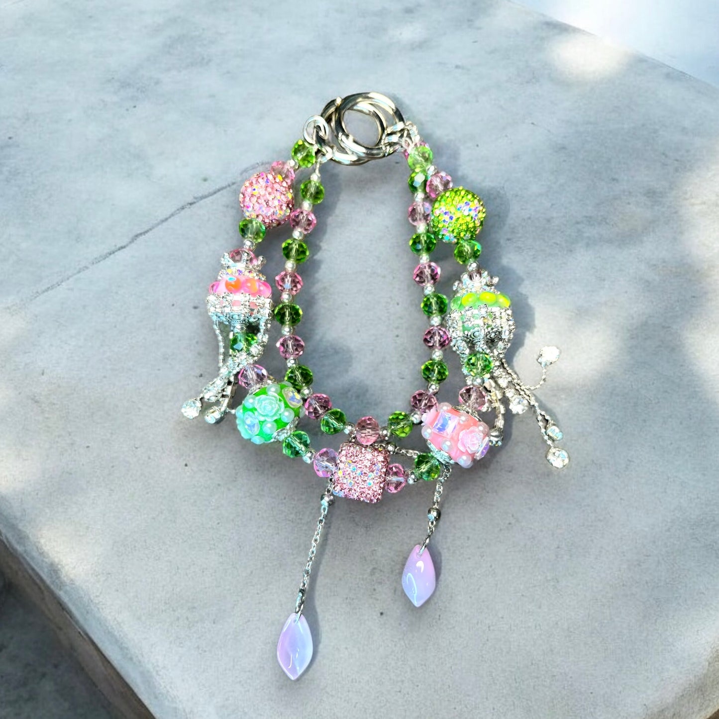 Pink and Green Phone Charm with Rose Accents P097