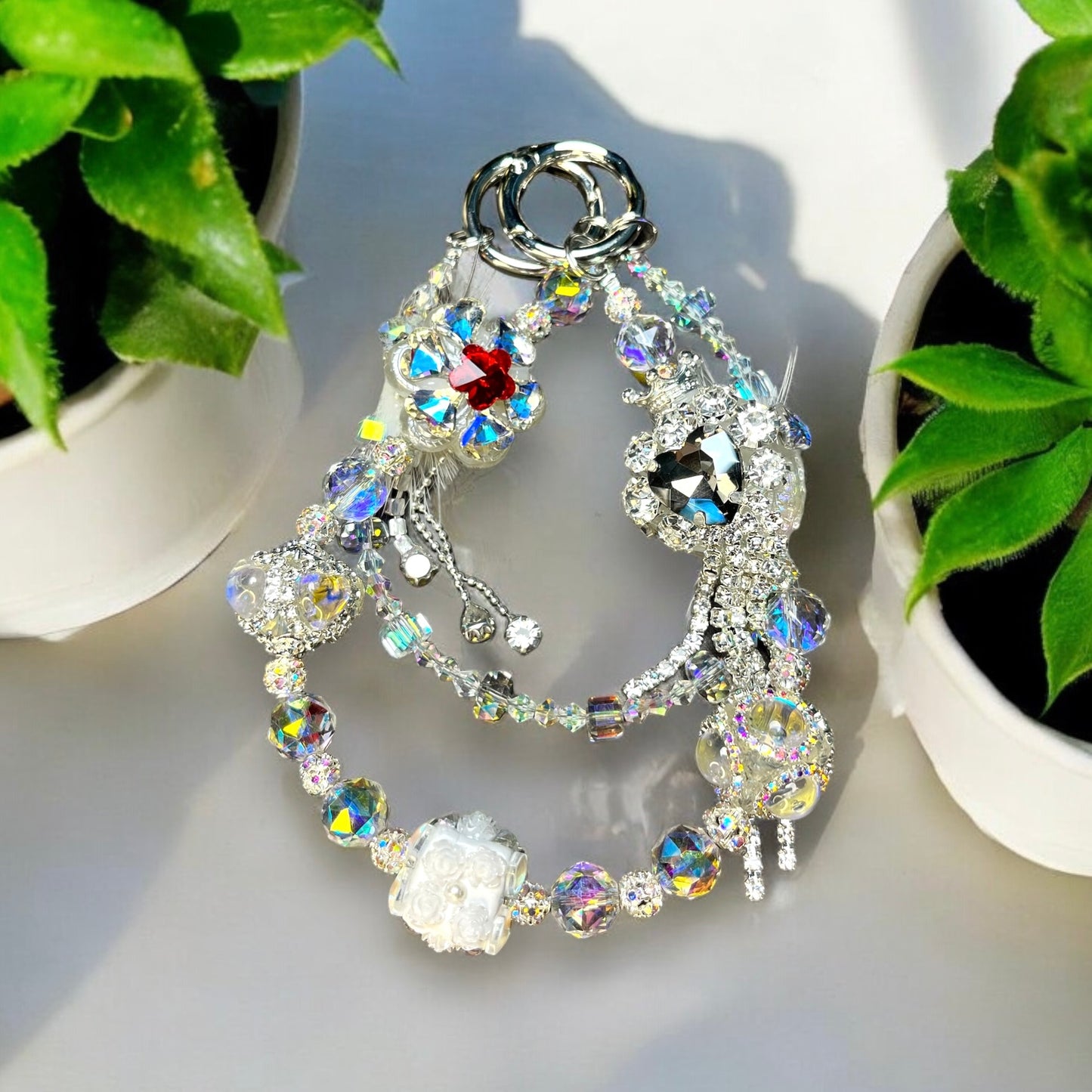 Icy White and Silver Phone Charm with Red Flower P101