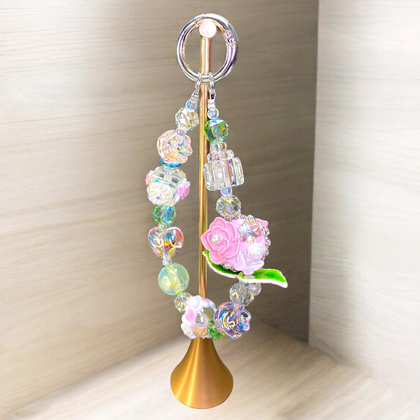 Detailed Flower Garden Phone Charm Pink and Green P192