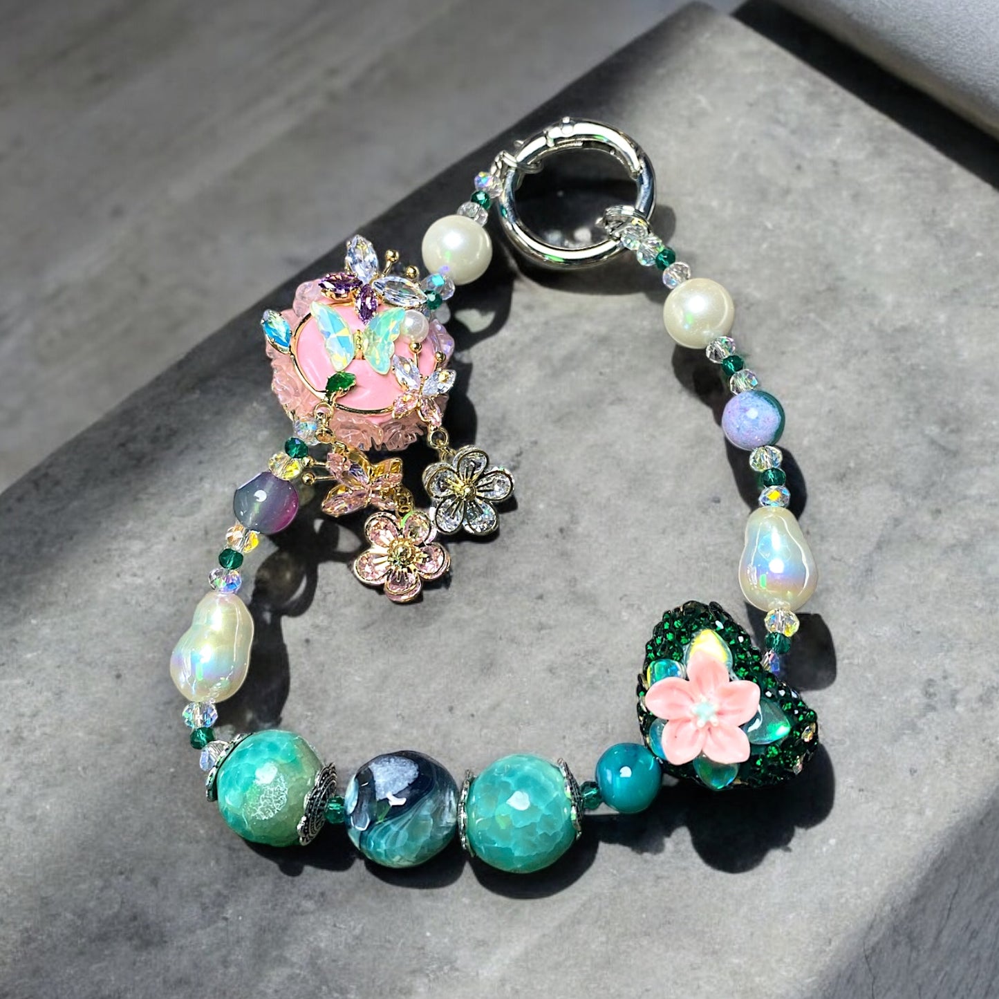 Jade with Pink Rose Accent Phone Charm P139