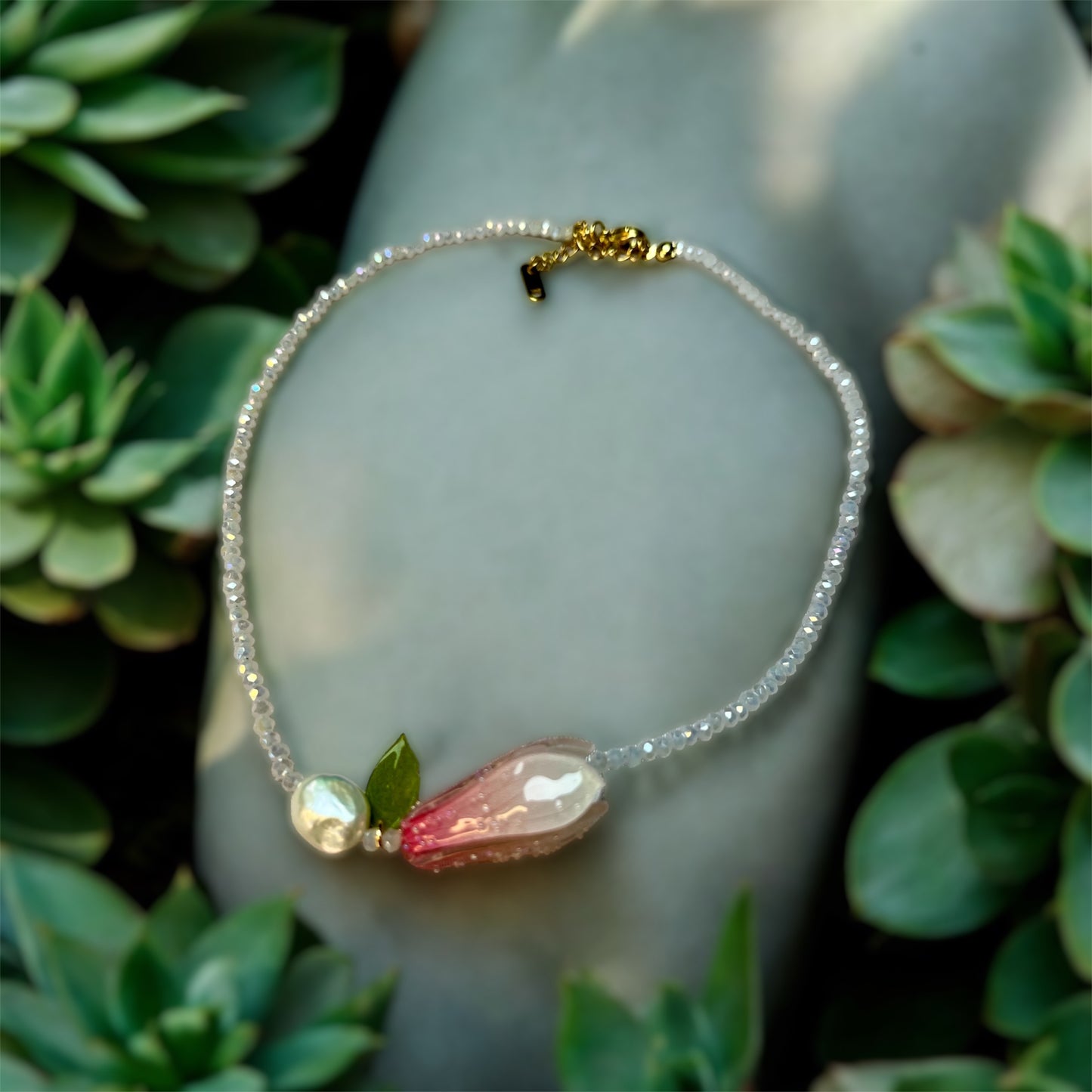 Pink Tulip Beaded Necklace N006