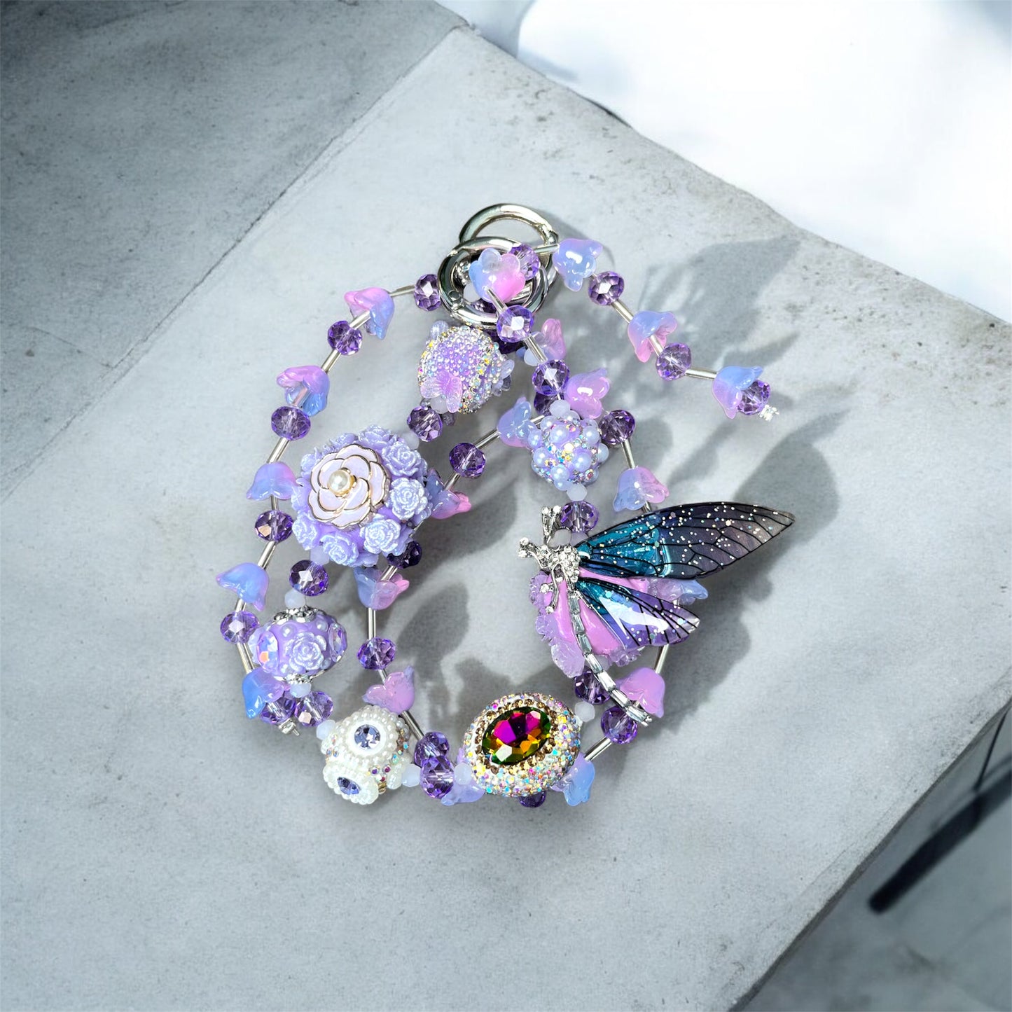 Light Purple Phone Charm with Rose, Butterfly, and Gem Accents P102