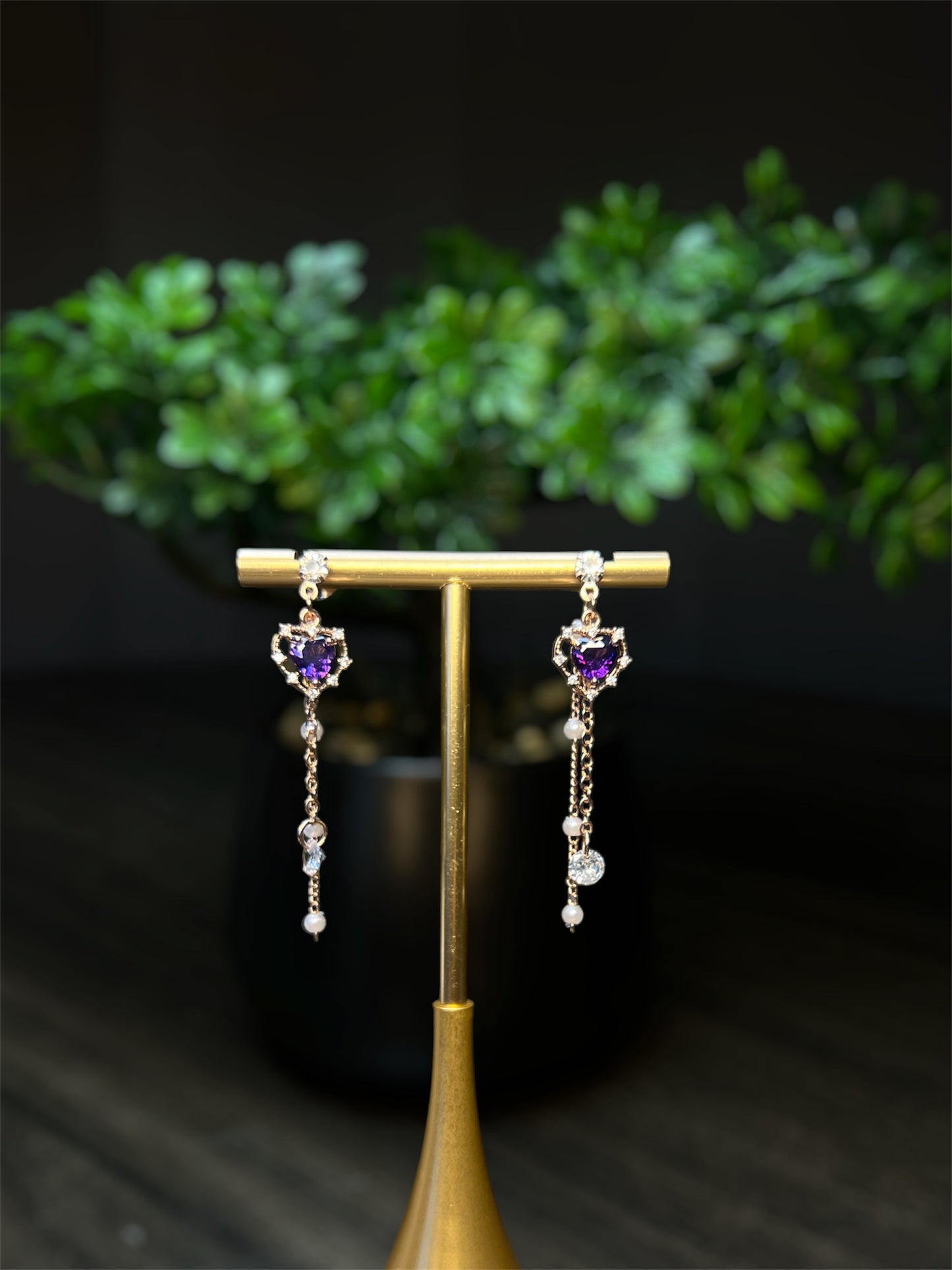 Small Purple Heart Diamond Crusted Earrings E092
