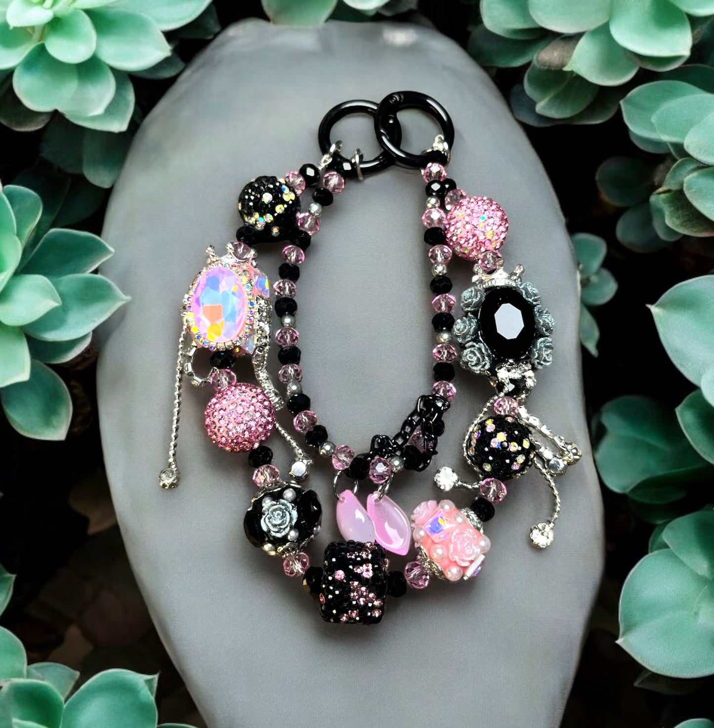 Black and Pink Studded Rose Phone Charm with Dice P099