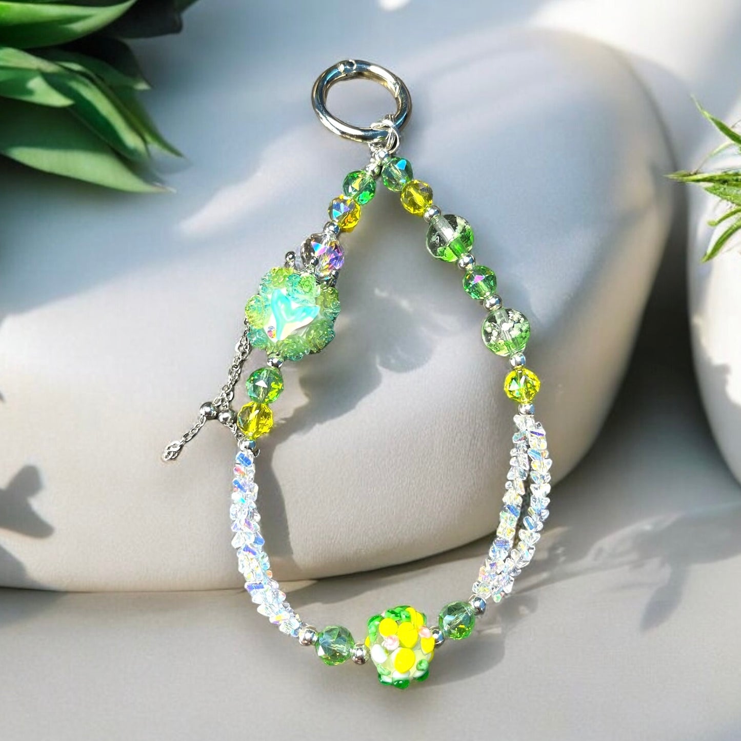Green Flower Beaded Phone Charm P036