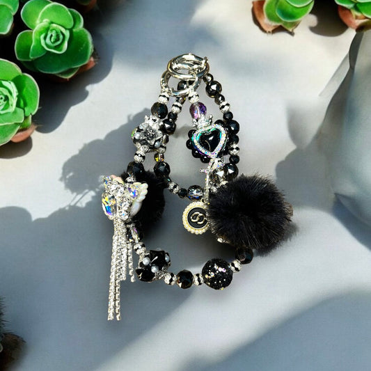 Furry Black and Silver Phone Charm with Hearts P095