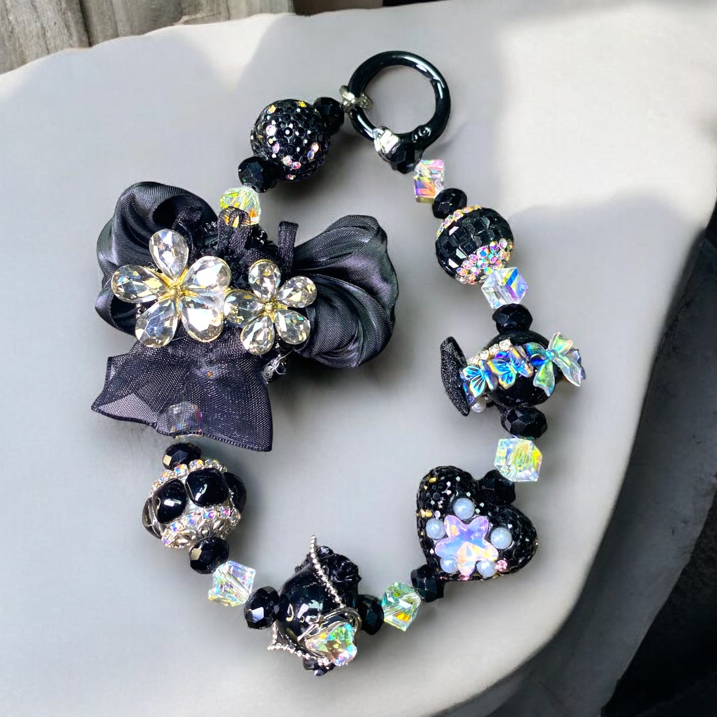 Pitch Black Crystal Flower Phone Charm P157