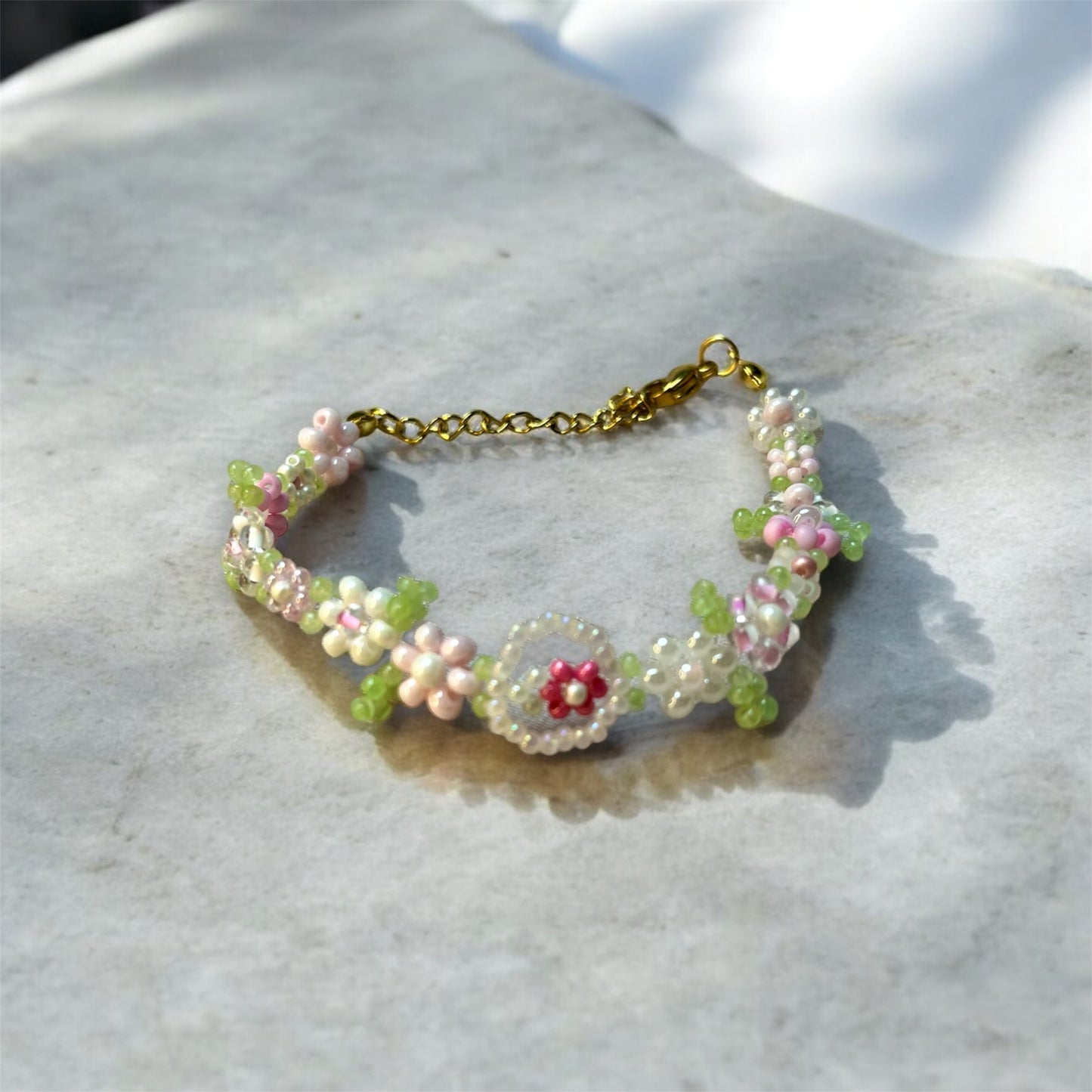 Pink Beaded Flower Bracelet B002