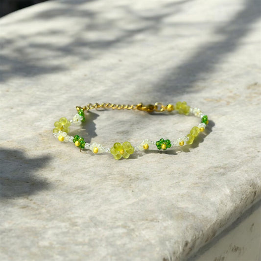 Gold/Green  Beaded Flower Bracelet B005