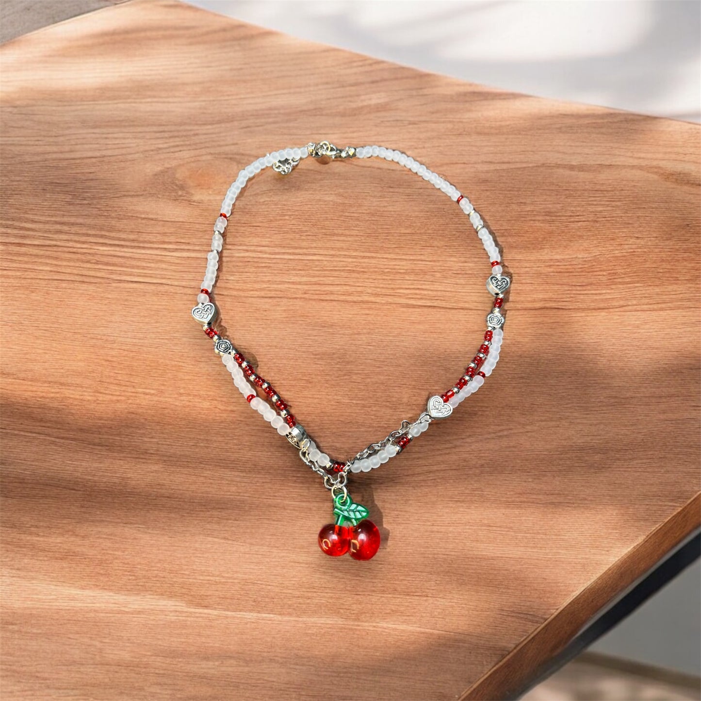 Red Cherries White Beaded Necklace N004