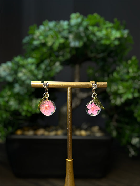 Real Pink Flower Bubble Earrings E100