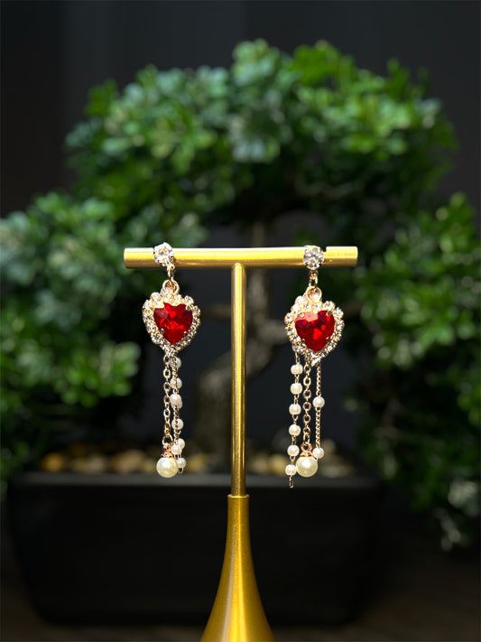 Red Heart Diamond Crusted Earrings E089
