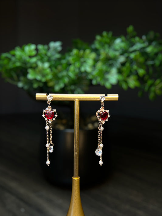 Small Red Heart Diamond Crusted Earrings E091