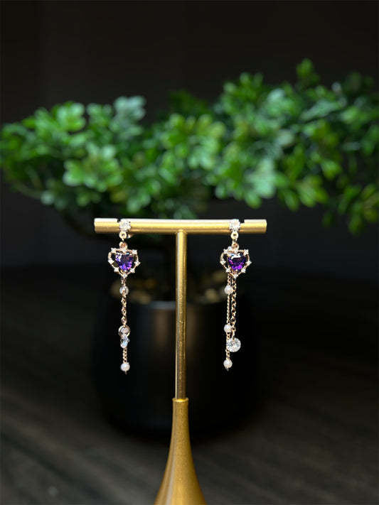 Small Purple Heart Diamond Crusted Earrings E092