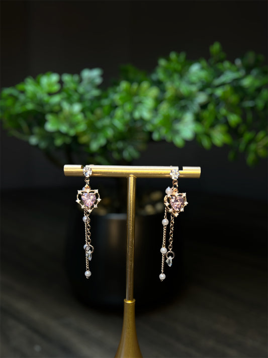 Small Rose Pink Heart Diamond Crusted Earrings E093