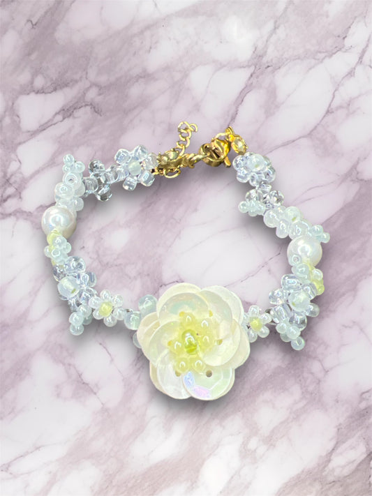 Ash Green Beaded Flower Bracelet B023